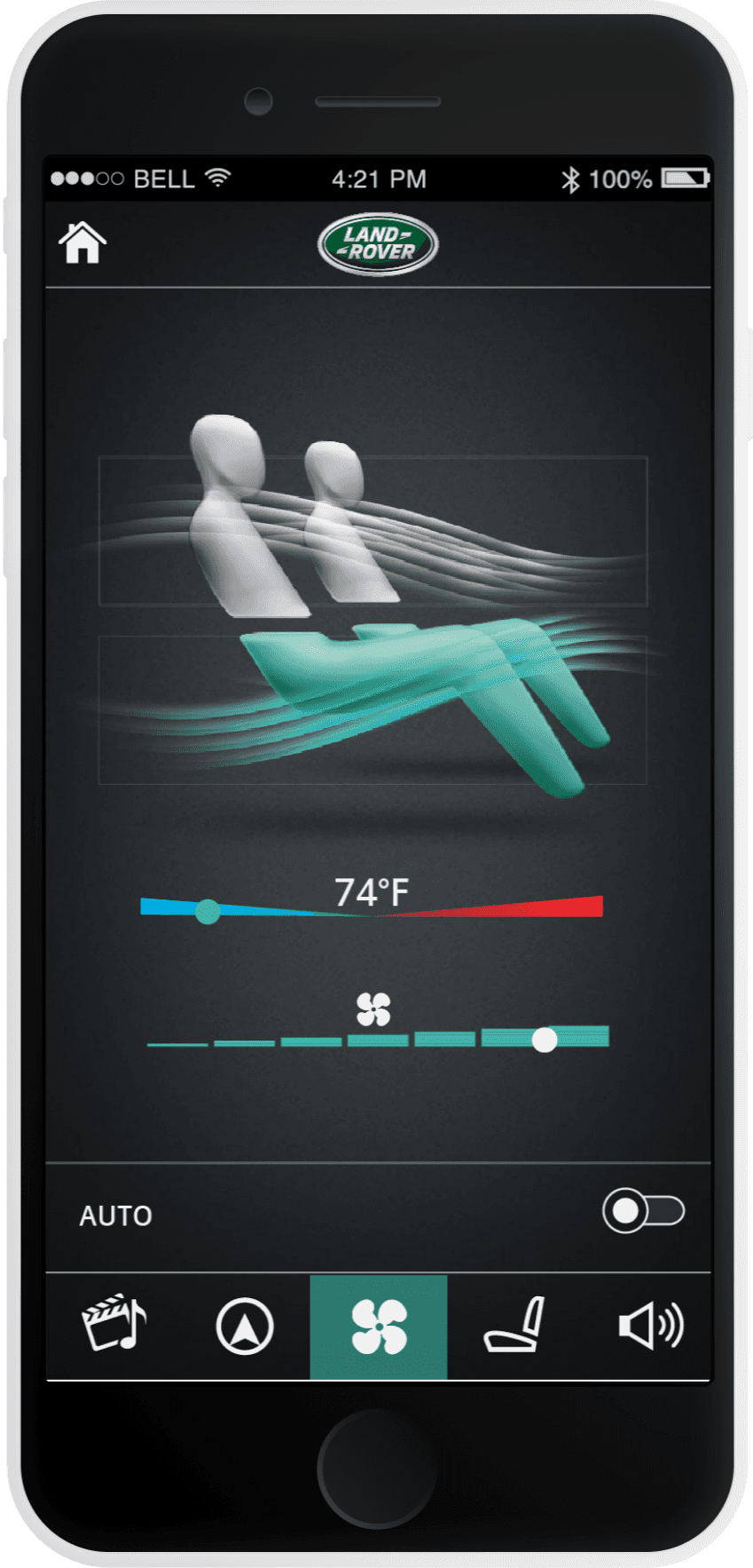 Phone app screen of climate controls showing front passenger zones with lower cabin cooling circulation